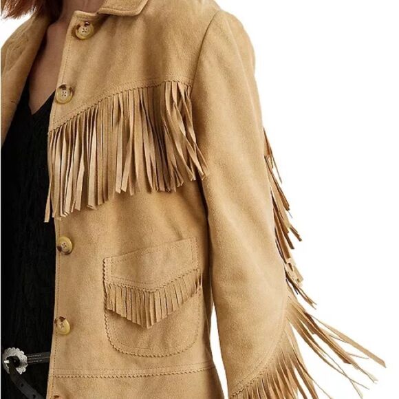 Lauren Ralph Lauren Women’s Fringe Trim Goat Suede Jacket Western Beige NWT $650 - Picture 3 of 16
